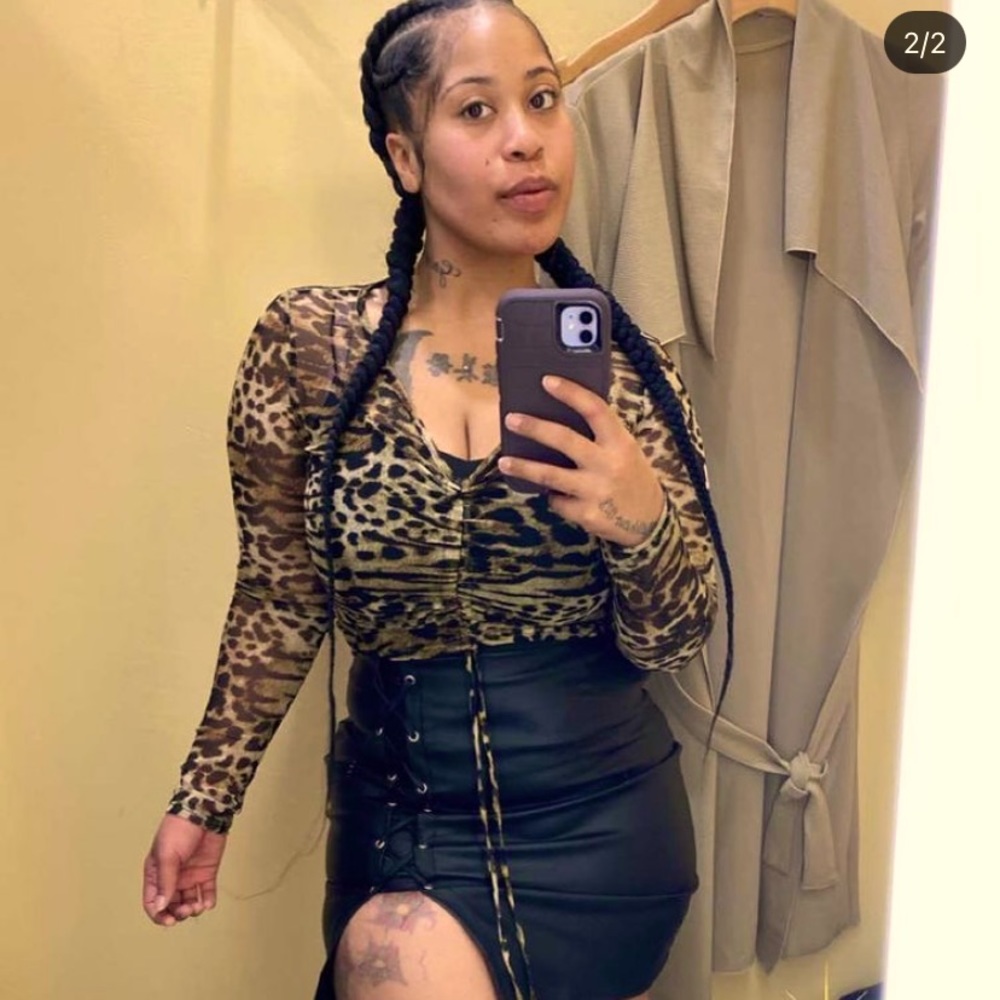 Large cheetah crop shirt & large black pin skirt